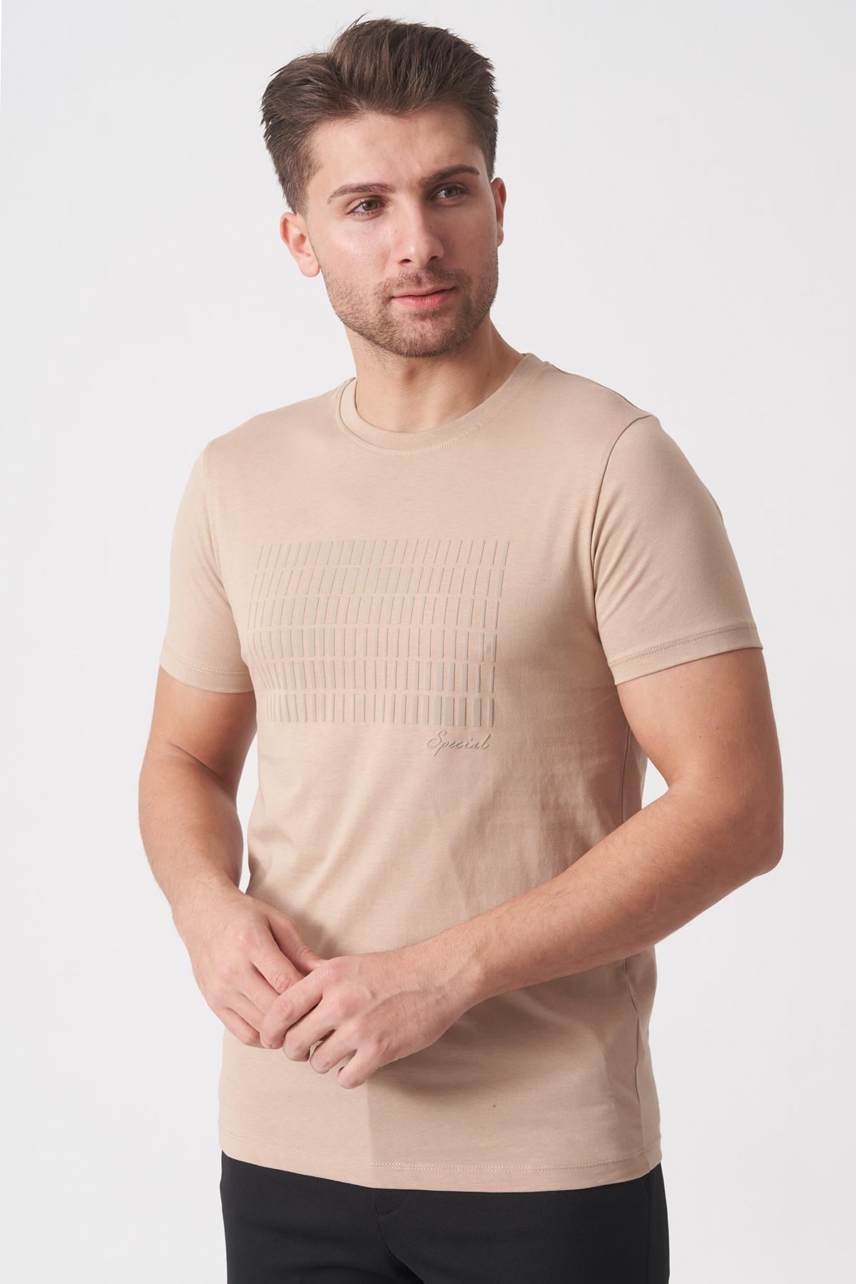 White Stone Rio de Janeiro 3087 Slim Fit Bisiklet Yaka Pamuklu Likralı T-Shirt Ekru