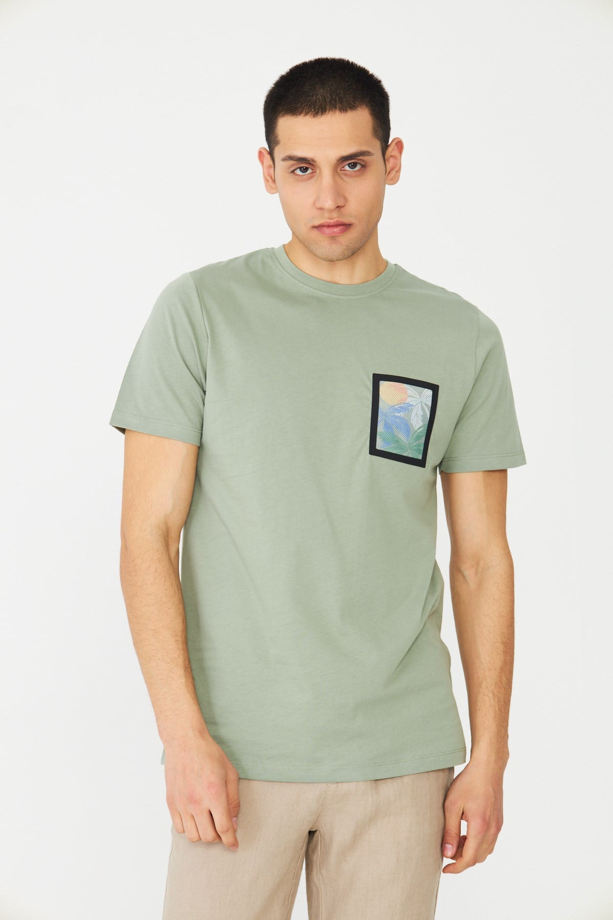 Yeşil Bisiklet Yaka Baskı Detaylı Erkek T-Shirt