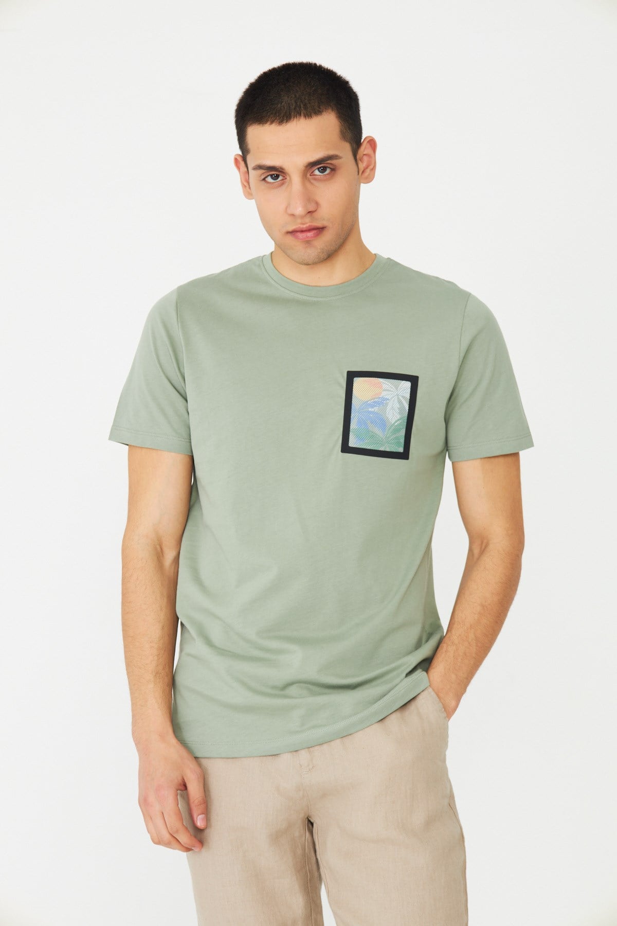 Yeşil Bisiklet Yaka Baskı Detaylı Erkek T-Shirt