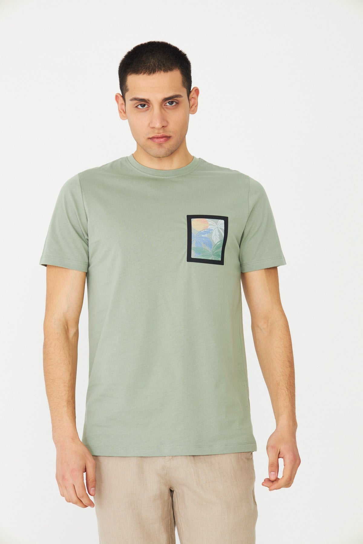 Yeşil Bisiklet Yaka Baskı Detaylı Erkek T-Shirt