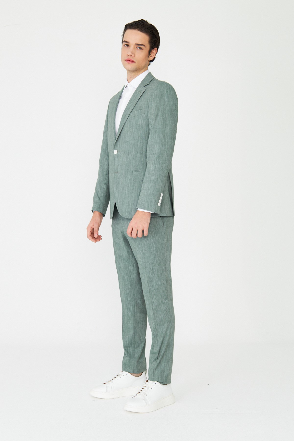 Yeşil Dokulu Modern Slim Fit Şehir Stili Takım Elbise