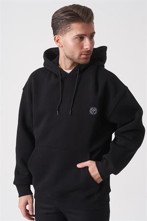 Siyah Oversize Rahat Kesim Yumuşak Dokulu Kapüşonlu Sweatshirt
