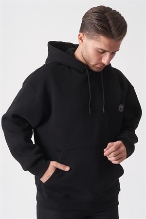 Siyah Oversize Rahat Kesim Yumuşak Dokulu Kapüşonlu Sweatshirt