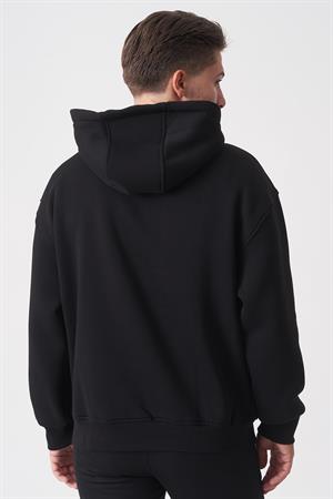 Siyah Oversize Rahat Kesim Yumuşak Dokulu Kapüşonlu Sweatshirt