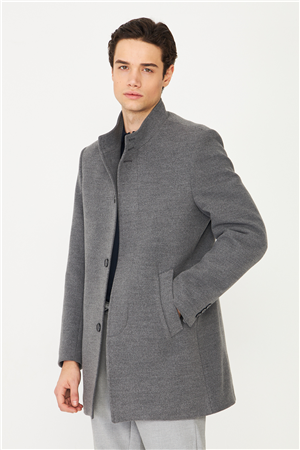 Gri Dik Yaka Astarlı İç Cepli Kaşe Kaban Regular Fit