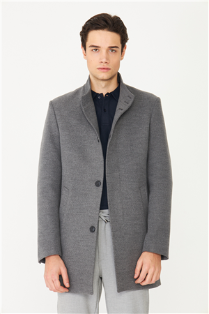 Gri Dik Yaka Astarlı İç Cepli Kaşe Kaban Regular Fit