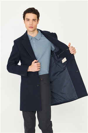 Lacivert Astarlı İç Cepli Kaşe Kaban Regular Fit