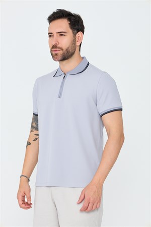 Açık Gri Fermuarlı Polo Yaka Erkek Tişört