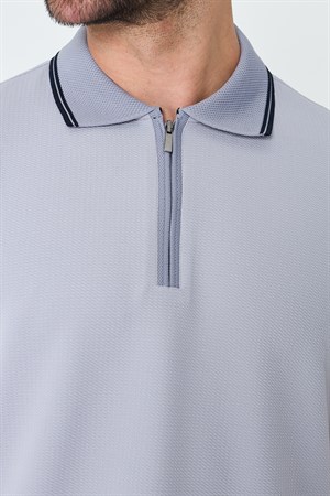 Açık Gri Fermuarlı Polo Yaka Erkek Tişört
