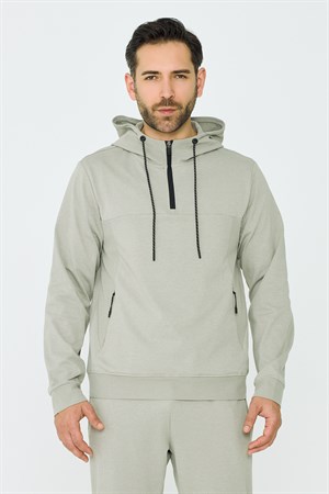 Açık Yeşil Kapüşonlu Yarım Fermuarlı Yandan Cepli Erkek Sweatshirt