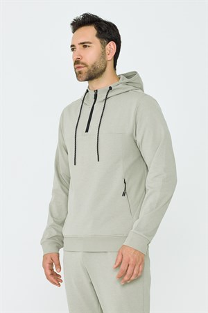 Açık Yeşil Kapüşonlu Yarım Fermuarlı Yandan Cepli Erkek Sweatshirt