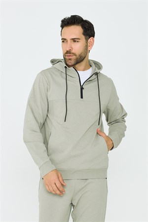 Açık Yeşil Kapüşonlu Yarım Fermuarlı Yandan Cepli Erkek Sweatshirt