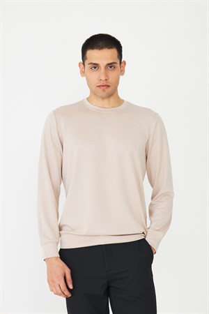 Bej Basic Bisiklet Yaka Erkek Sweatshirt