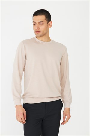 Bej Basic Bisiklet Yaka Erkek Sweatshirt
