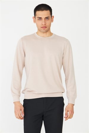 Bej Basic Bisiklet Yaka Erkek Sweatshirt