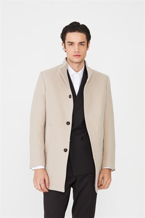 Bej Dik Yaka Astarlı İç Cepli Kaşe Kaban Regular Fit