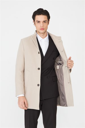 Bej Dik Yaka Astarlı İç Cepli Kaşe Kaban Regular Fit