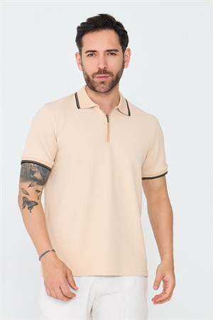 Bej Fermuarlı Erkek Polo Yaka Tişört