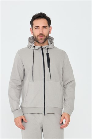 Bej Kapüşonlu Fermuarlı Erkek Sweatshirt