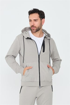 Bej Kapüşonlu Fermuarlı Erkek Sweatshirt