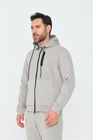 Bej Kapüşonlu Fermuarlı Erkek Sweatshirt
