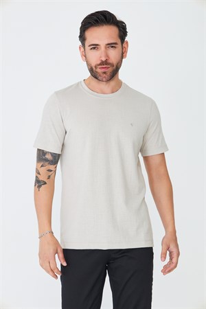 Bej Mikro Desenli Basic Erkek Tişört