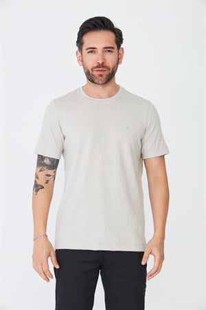 Bej Mikro Desenli Basic Erkek Tişört