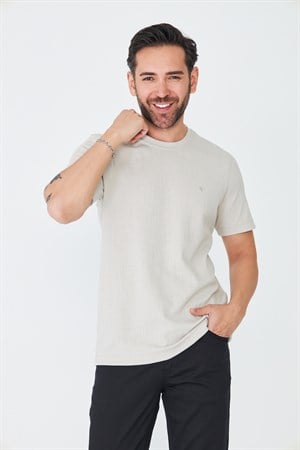 Bej Mikro Desenli Basic Erkek Tişört