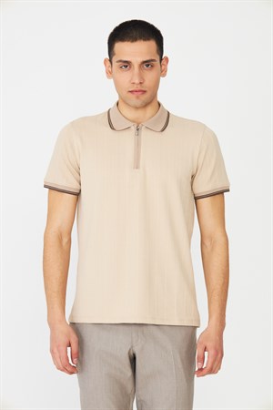 Bej Modern Kesim Fermuarlı Polo Yaka Erkek T-Shirt