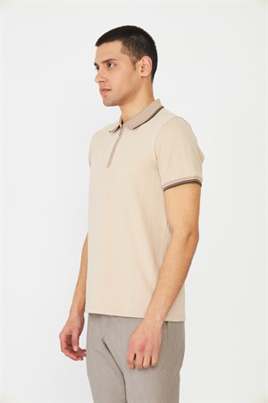 Bej Modern Kesim Fermuarlı Polo Yaka Erkek T-Shirt