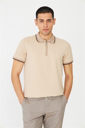 Bej Modern Kesim Fermuarlı Polo Yaka Erkek T-Shirt