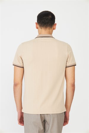 Bej Modern Kesim Fermuarlı Polo Yaka Erkek T-Shirt