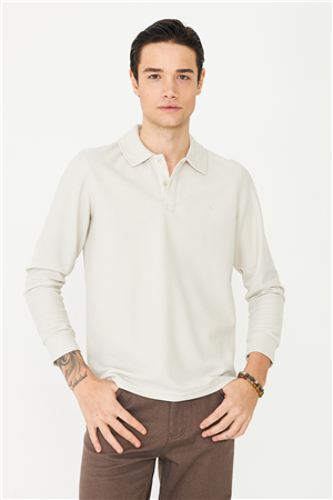 Bej Mikro Dokulu Uzun Kollu Polo Yaka Üst