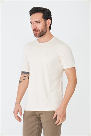 Bej Sıfır Yaka Basic Erkek Tişört