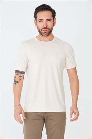 Bej Sıfır Yaka Basic Erkek Tişört