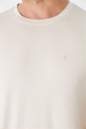 Bej Sıfır Yaka Basic Erkek Tişört