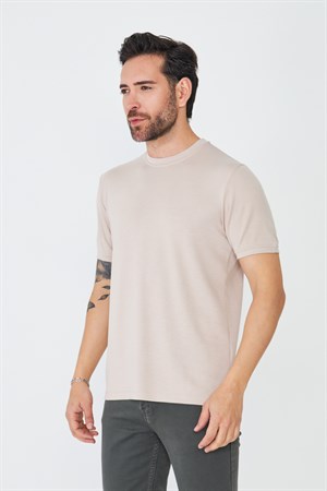 Bej Sıfır Yaka Basic Tişört