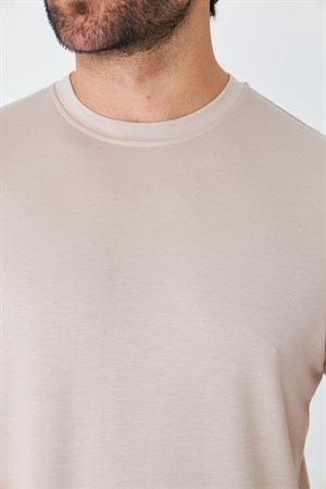 Bej Sıfır Yaka Basic Tişört