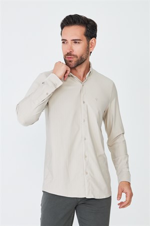 Bej Uzun Kollu Beyaz Çizgili Erkek Gömlek