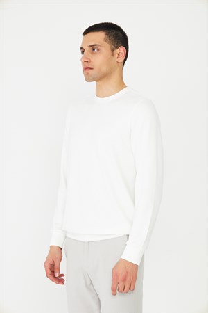 Beyaz Basic Bisiklet Yaka Erkek Sweatshirt