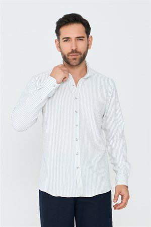 Beyaz Çizgili Dynamic Fit Erkek Uzun Kollu Gömlek