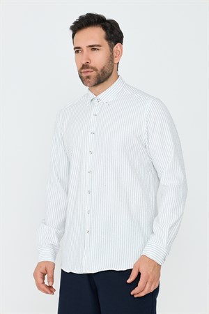 Beyaz Çizgili Dynamic Fit Erkek Uzun Kollu Gömlek