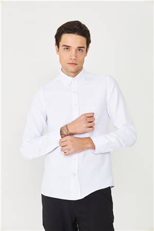 Beyaz Düğmeli Yaka Uzun Kollu Gömlek Slim Fit