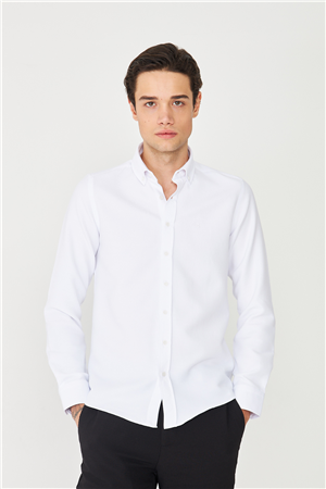 Beyaz Düğmeli Yaka Uzun Kollu Gömlek Slim Fit