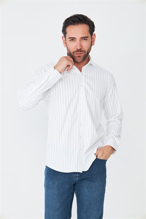 Beyaz Lacivert Çizgili Slim Fit Erkek Gömlek