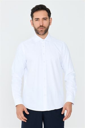 Beyaz Mikro Çizgili Dynamic Fit Erkek Uzun Kollu Gömlek