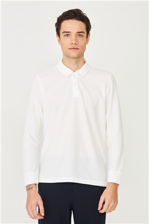 Beyaz Mikro Dokulu Uzun Kollu Polo Yaka Üst 