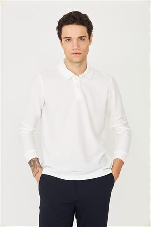 Beyaz Mikro Dokulu Uzun Kollu Polo Yaka Üst 