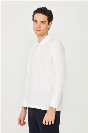 Beyaz Mikro Dokulu Uzun Kollu Polo Yaka Üst 