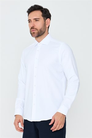 Beyaz Uzun Kollu Mikro Desenli Dynamic Fit Erkek Gömlek